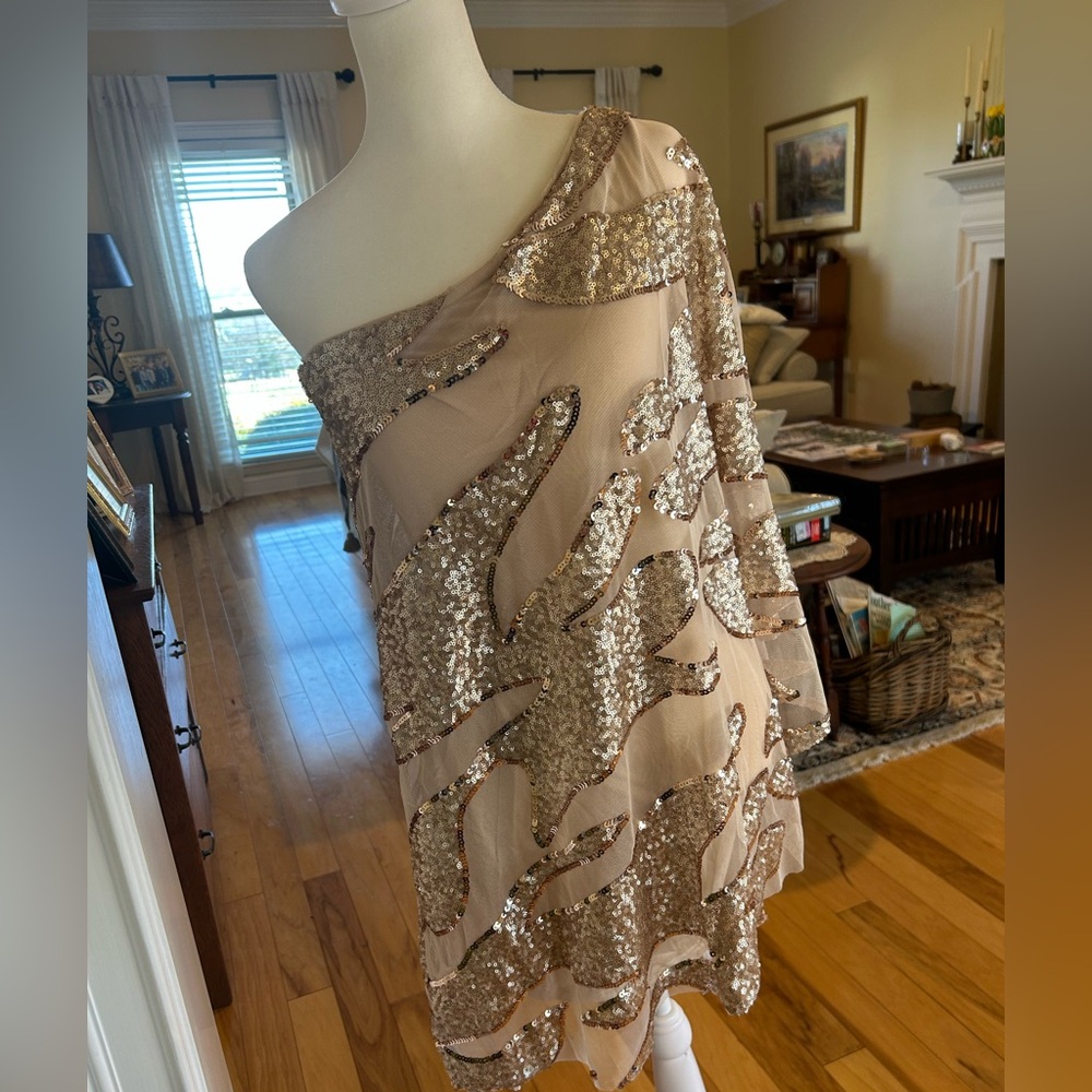 NWT Bebe Corsican Nights Moore Asymmetrical One-Shoulder Sequin Mini Dress - Picture 14 of 14